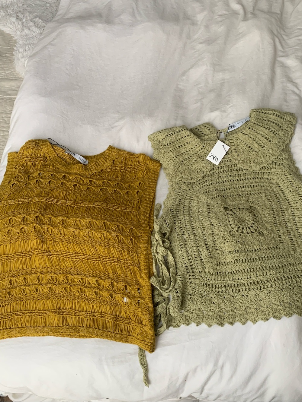 2 New Never Worn Zara Crochet Tops — Mustard Yellow & Sage Green